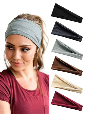 6pcs Solid Color Hair Band, Sweat Absorbing Elastic Hair Band for Men & Women, Sporty Headband for Running, Fitness