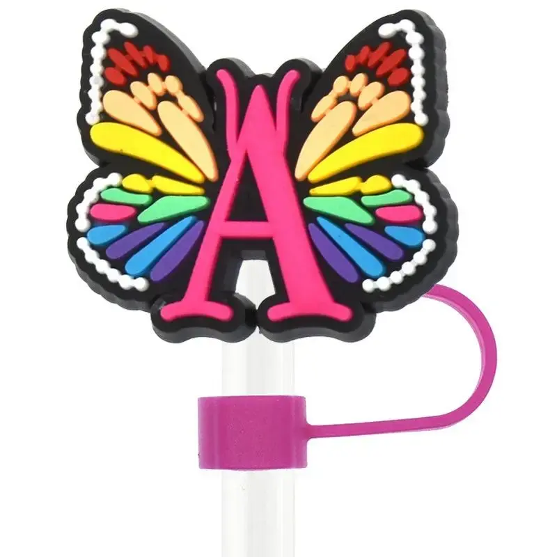 Cute Accessories Initial Letter Silicone Straw Cover, Butterfly Design Straw Cover for Tumbler Cups, Reusable Straw Lid for 4...