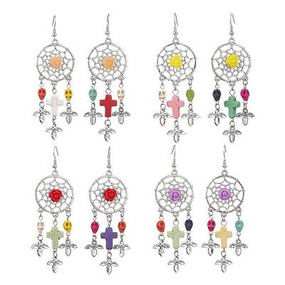 Woven Web/Net with Cross & Skull Synthetic Turquoise Dangle Earrings