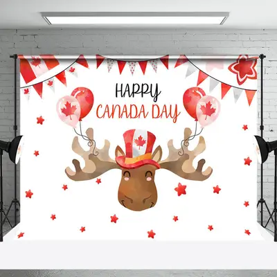 Maple Leaf Balloon Antlers Happy Canada Day Backdrop