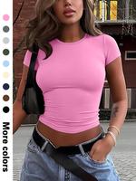 Women's Solid Round Neck Crop Tee, Fashion Casual Crew Neck Short Sleeve T-shirt for Daily Holiday Vacation Outdoor Wear, Lad...