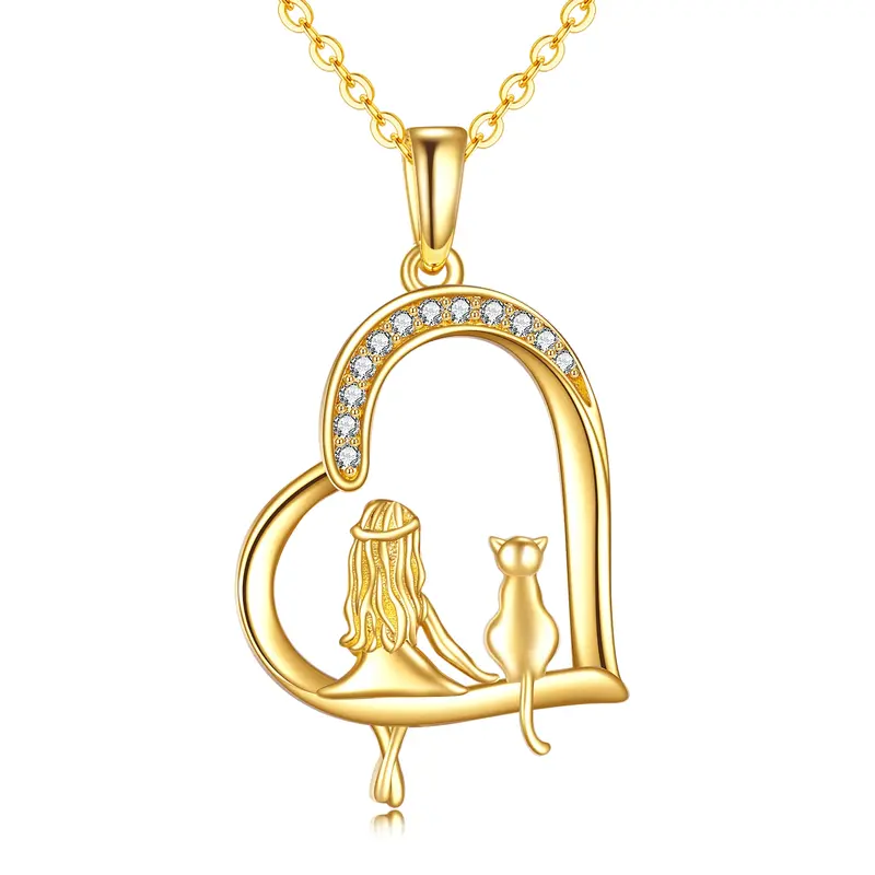 14K Gold Heart Cat & Girl Pendant Necklace