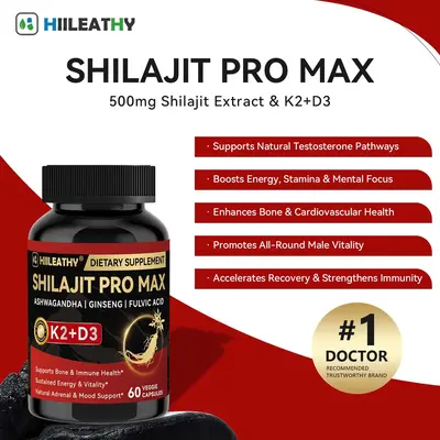 HIILEATHY Shilajit PRO MAX – 60 Capsules for Men & Women | High Strength 500mg Shilajit Extract with K2 + D3, Ashwagandha &...