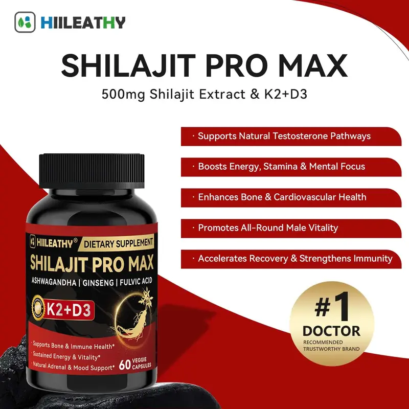 HIILEATHY Shilajit PRO MAX – 60 Capsules for Men & Women | High Strength 500mg Shilajit Extract with K2 + D3, Ashwagandha &...
