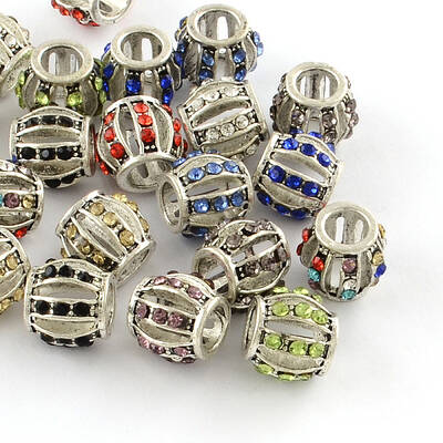 Hollow Rondelle Antique Silver Plated Alloy Rhinestone European Beads