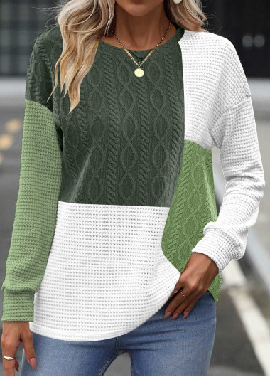 Modlily Blackish Green Patchwork Long Sleeve Round Neck Sweatshirt - XL