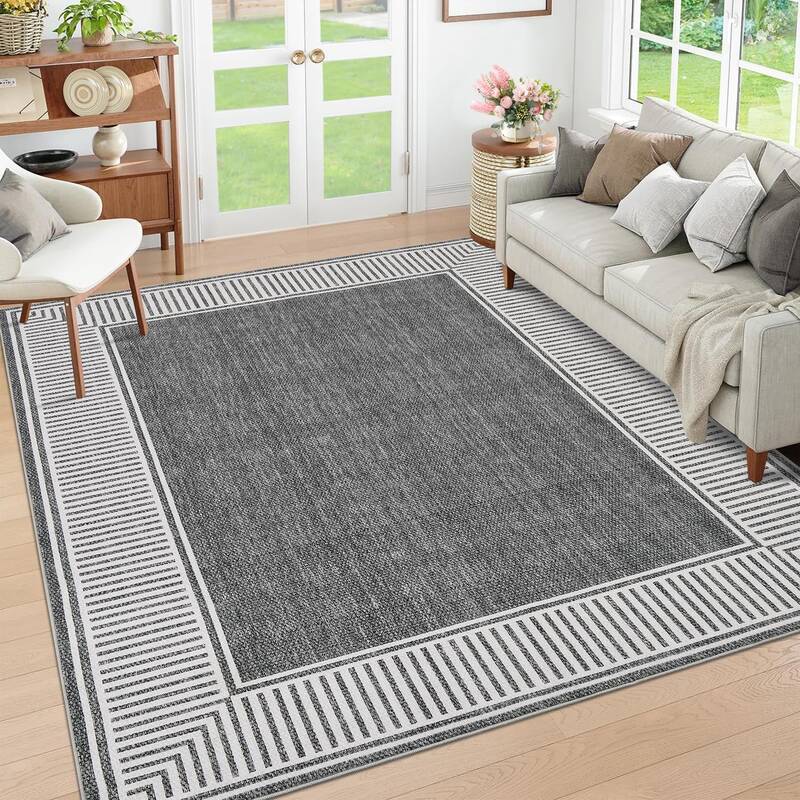Garvee Bordered Grey 8x10 Living Room Area Rug Modern Striped Border Throw Carpet with Rubber Backing Low Pile Stain Resistan...