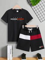 Boy's Patched Letter Print Co-ord Set, Casual Street Round Neck Short Sleeve T-shirt & Drawstring Waist Shorts Pants Set, Cut...