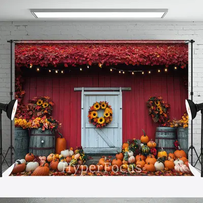 Red White Barn Wreath Maple Leaves Autumn Backdrop - Aperturee