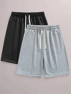 Men's Solid Color Drawstring Waist Shorts, Casual Regular Fit Pocket Shorts for Summer, Men's Bottoms for Daily Wear, Elastic...