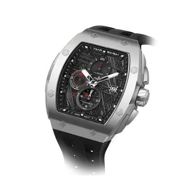 TSAR BOMBA Men's Quartz Chronograph Watch | Silver Black | Stainless Steel Bezel & Case, Tonneau Luxury Design, 316L Stainles...