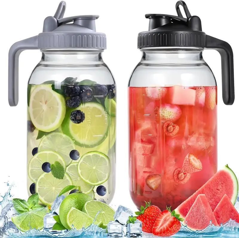 2 Packs Glass Pitchers with Lid, Half Gallon 2 Quart (64OZ) Mason Jars with Wide mouth, Leak-Proof Airtight Water Jugs for Co...