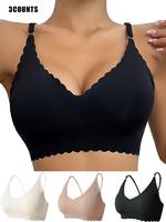 Women's Solid Scallop Trim Wireless Push Up Bra, Soft Comfy Breathable Lingerie Top for Daily Wear, Lingerie for Women, Women...