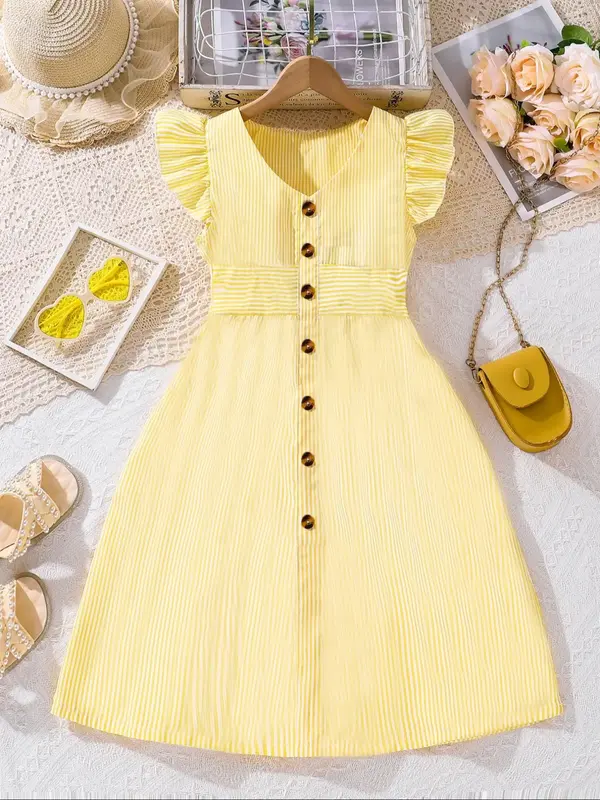 Teen Girl's Striped Print Button Decor Dress, Casual Butterfly Sleeve Round Neck A Line Dress, Kids Summer Clothes for Daily ...
