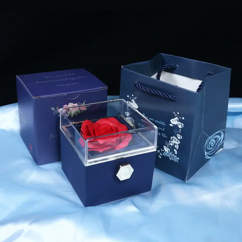 Rotating Soap Flower Rose Gift Box Creative Rotating Rose Jewelry Packaging Box Valentine's Day Gift For Women | Color: Blue