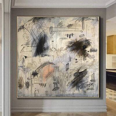 Oversized Beige Paintings On Canvas Black Abstract Artwork Creative Wall Art | SOUL MECHANISM