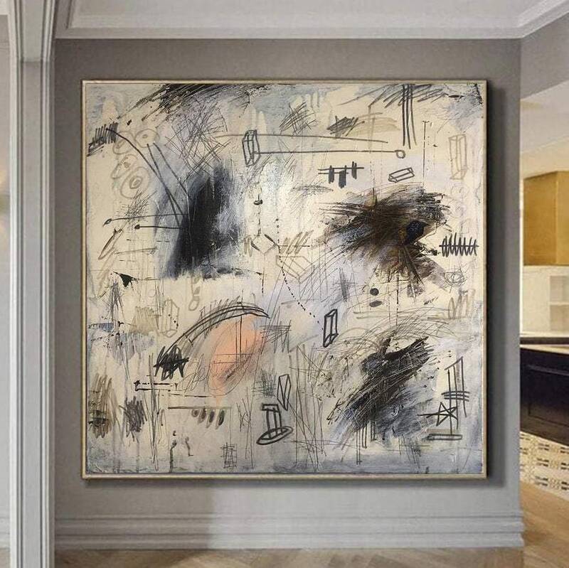 Oversized Beige Paintings On Canvas Black Abstract Artwork Creative Wall Art | SOUL MECHANISM