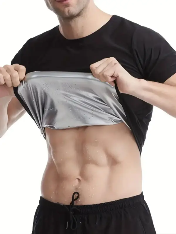 Men's Plain Round Neck Sauna T-shirts Workout Sweat Top, Men's Compression Shirts, Workout Tops, Compression Sweat Enhancing ...