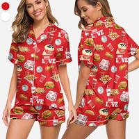 Women's Fried Chicken Print Shirt& Short Pajamas Set, Casual Comfy short Sleeve Collared Top & Shorts PJs, All Seasons, Gift ...