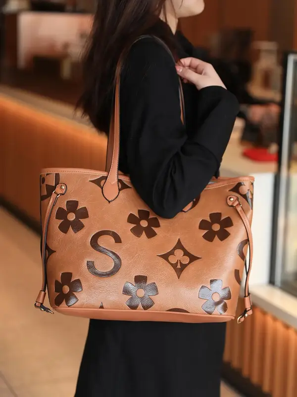 Women's Elegant Floral Embossed Tote Bag & Wristlet, Large Capacity Shoulder Bag & Wristlet, Fashionable Bag Set for Daily Us...