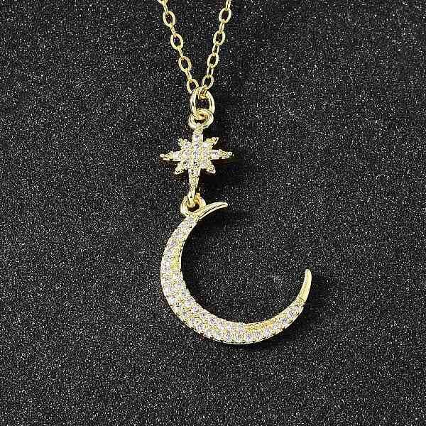 Brass Micro Pave Clear Cubic Zirconia Star Moon Pendant Necklaces for Women