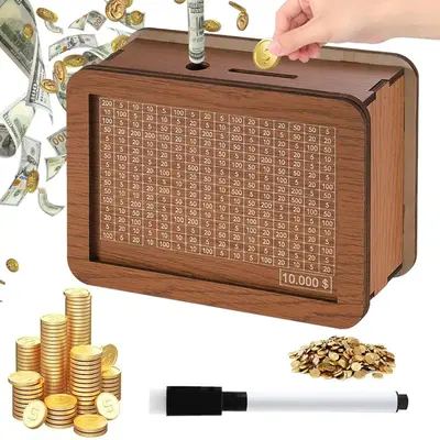 Wooden Money Box with Pen, 1/15pcs Money Saving Box, Coin Counter Piggy Bank, Cash Saver Money Box, Money Bank for Kids Adult...