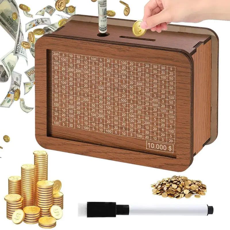 Wooden Money Box with Pen, 1/15pcs Money Saving Box, Coin Counter Piggy Bank, Cash Saver Money Box, Money Bank for Kids Adult...