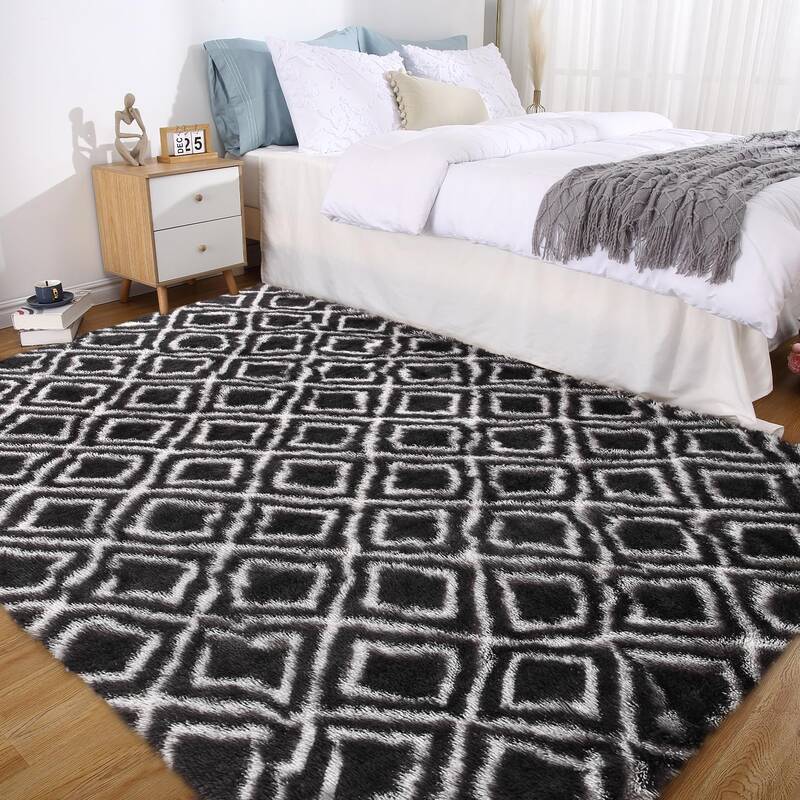 Garvee Black 5x8 Rug Shag Rug for Living Room Shaggy Rug Kids Rug Plush Rug Black Geometric Carpet Bedroom Fluffy Rug Bedside...