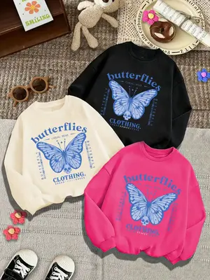 Girl's Butterfly & Letter Print Crew Neck Sweatshirt, Casual Long Sleeve Round Neck Pullover for Fall & Winter, Kids Clothes ...