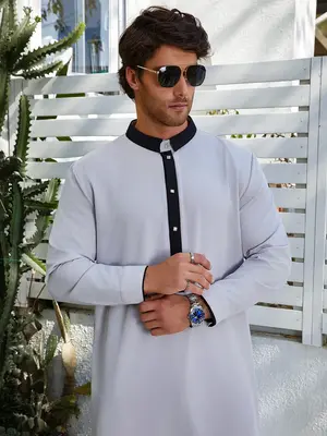 Men’s Grey Modern Thobe - Lapel Long Sleeve Arab Kaftan, Formal Islamic Robe for Eid, Prayer & Daily Wear