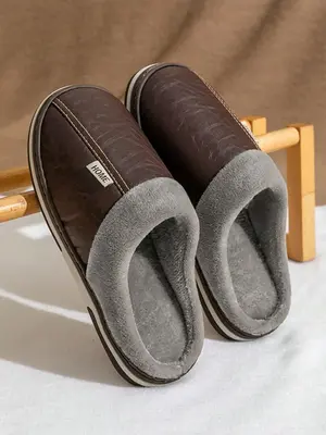 Men's Casual Geometric Pattern Plush Slippers As Gift, Simple Soft & Comfy Bedroom Slippers, Warm Home Slippers for Fall & Wi...