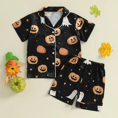 Toddler Baby Kids Boys Halloween Pajamas Set Pumpkin Ghost Print Short Sleeve Shirts Tops Shorts Lounge Suit 1-9 Years