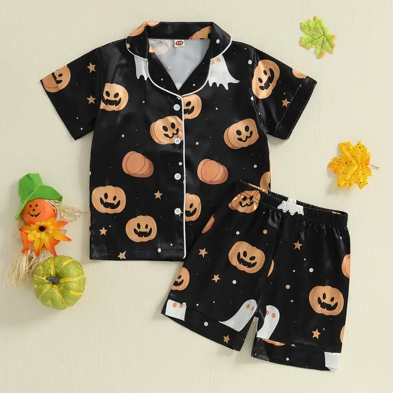 Toddler Baby Kids Boys Halloween Pajamas Set Pumpkin Ghost Print Short Sleeve Shirts Tops Shorts Lounge Suit 1-9 Years