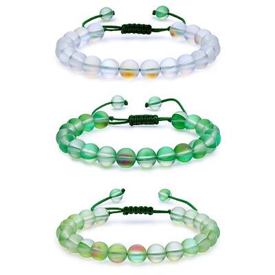 3Pcs Round Synthetic Moonstone Braided Bead Bracelets