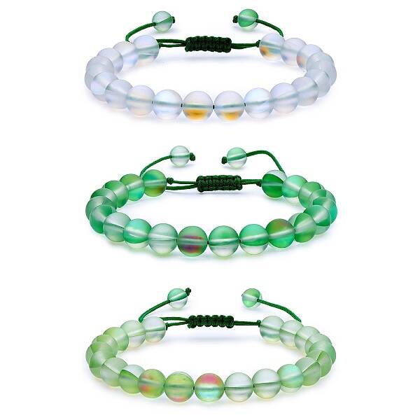 3Pcs Round Synthetic Moonstone Braided Bead Bracelets