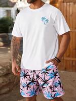 【Plus Size】 Coconut Tree Print Tee & Shorts Set, Regular Fit Casual Short Sleeve T-shirt & Shorts, Men's Summer Clothes