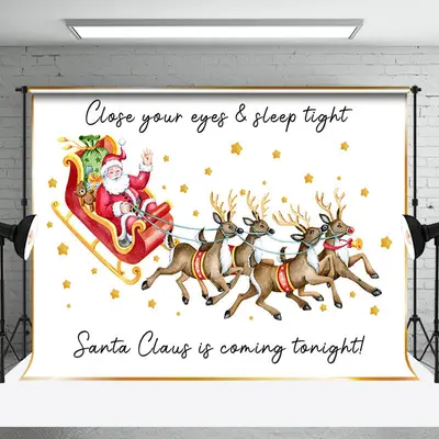 White Elk Santa Claus Gold Stars Christmas Backdrop - Aperturee