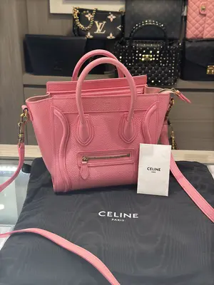 Pre-owned Celine Calfskin Leather Crossbody Bags Nano Luggage Tote Flamingo Pink with strap