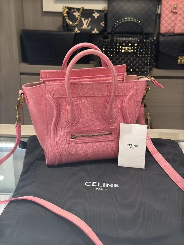Pre-owned Celine Calfskin Leather Crossbody Bags Nano Luggage Tote Flamingo Pink with strap