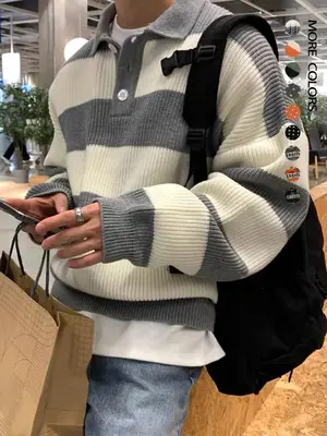 Men's Patchwork Print Half Button Sweater, Loose Casual Drop Shoulder Collared Jumper for Fall & Winter, Men's Knitwear for D...