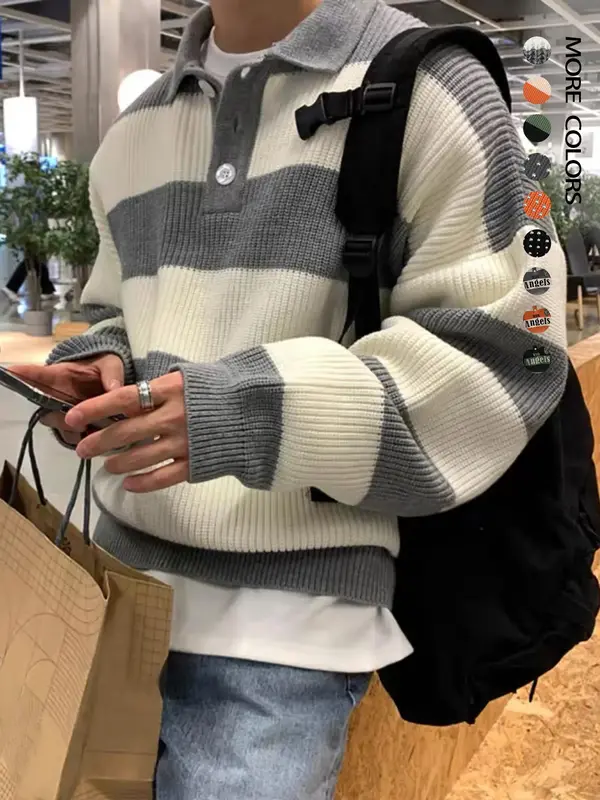 Men's Patchwork Print Half Button Sweater, Loose Casual Drop Shoulder Collared Jumper for Fall & Winter, Men's Knitwear for D...