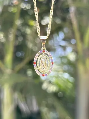 14k Gold Plated Crystal Mary Necklace with Pendant & Chain