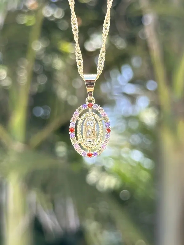 14k Gold Plated Crystal Mary Necklace with Pendant & Chain