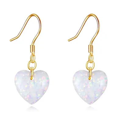 14K Gold Heart Opal Drop Earrings