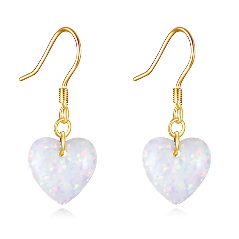 14K Gold Heart Opal Drop Earrings