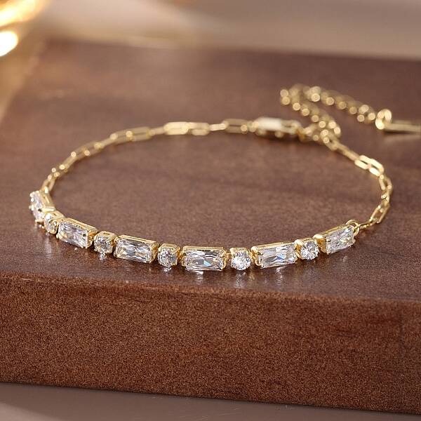 925 Sterling Silver Pave Cubic Zirconia Rectangle Link Chain Bracelets