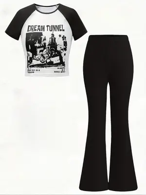 Girl's Butterfly Letter Print Tee & Solid Flare Leg Pants Two-piece Set, Casual Raglan Sleeve Round Neck Top & Trousers for D...