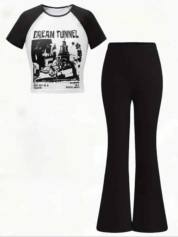 Girl's Butterfly Letter Print Tee & Solid Flare Leg Pants Two-piece Set, Casual Raglan Sleeve Round Neck Top & Trousers for D...