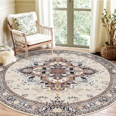 BESTSWEETIE 4ft Round Rugs for Dining Room, Washable 4ft Round Rug, Non Slip Water Repellent Floor Carpet, Low Pile Soft Vint...