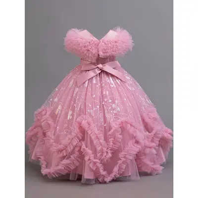 Girls' Princess Dress with Butterfly Golden Floral Lace Pleated Cloud Shoulders, High-End Elegant Gown for Piano Performances...